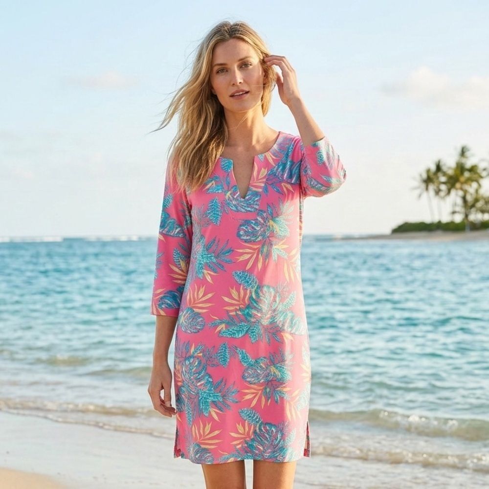 Caribbean Joe Tropical Floral Notch Neck Shift Dress Pink Blue Size Medium